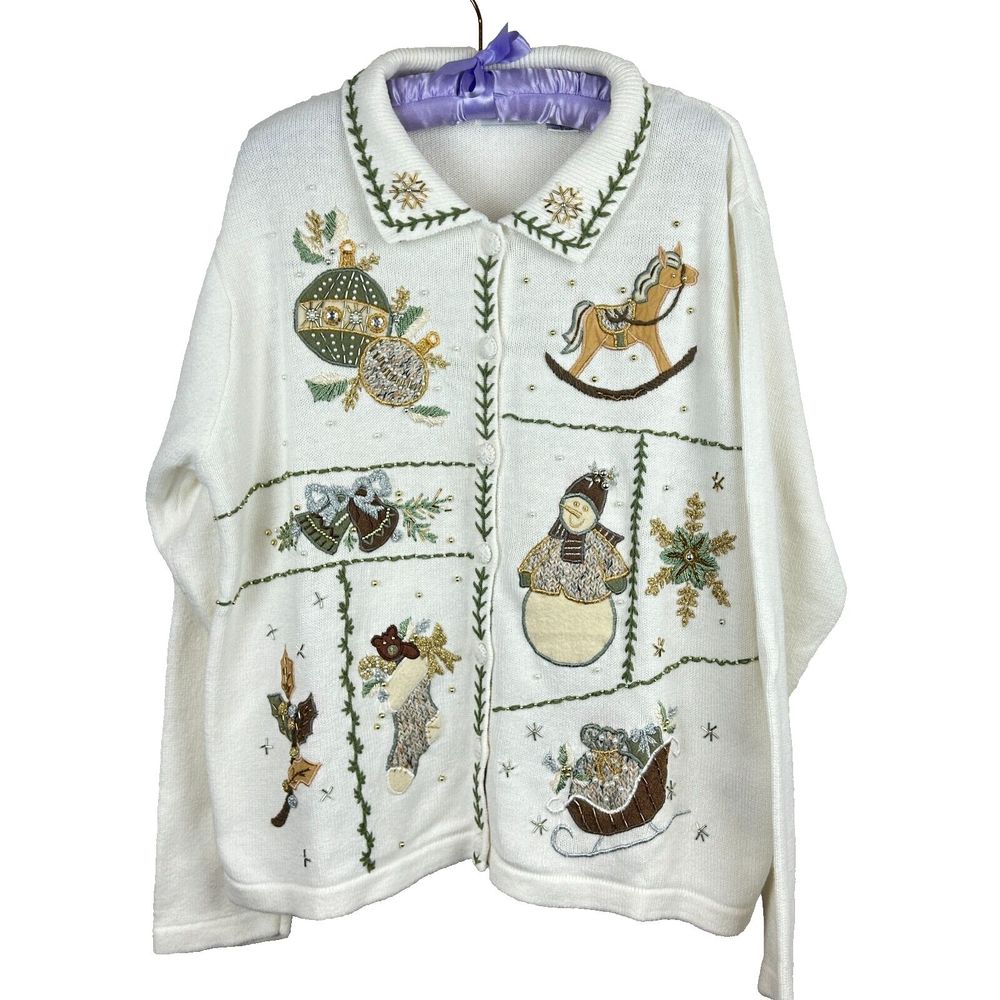 B P Design Cotton Ramie Neutral Embroidered Christmas Sweater Size Large